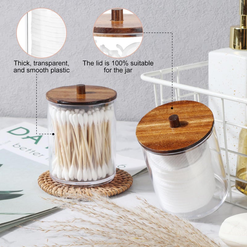 Temoyj 4 Pack Qtip Holder Dispenser with Wood Lids - 10 oz Clear Plastic Apothecary Jar Containers for Vanity Makeup Organizer Storage - Bathroom Accessories Set for Cotton Swab Pads  Ball  Floss - Image 5
